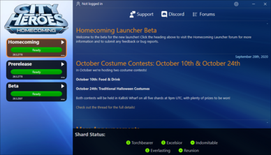 Homecoming Launcher window, with all profiles ready to launch.